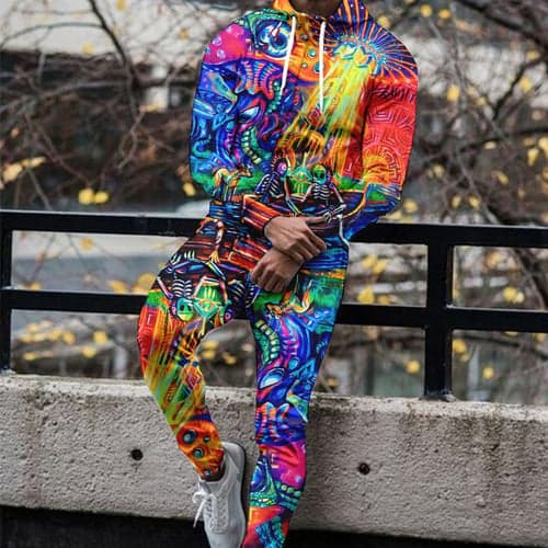 Men's Graphic Graffiti 2pcs Hoodie Tracksuit Long Sleeve Long pants 3D Sweatshirt Sets Hooded Fashion Streetwear Casual Daily Sports Going out 3D Print Blue Purple Orange