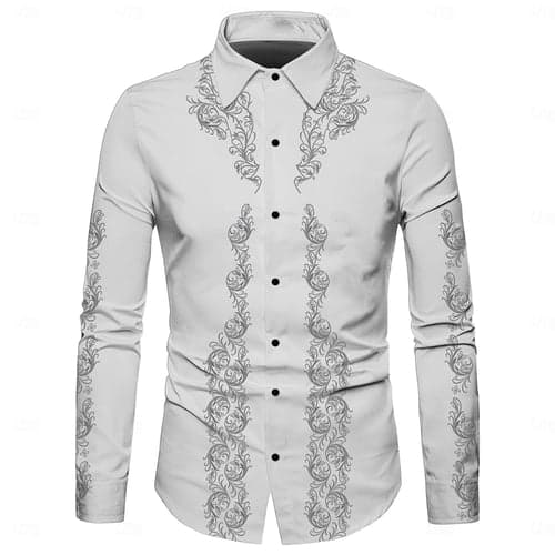 Floral Casual Men's Shirt Western Shirt Long Sleeve Daily Fall & Winter Turndown Print Button-Down Thin White Yellow Blue Green Gray Polyester