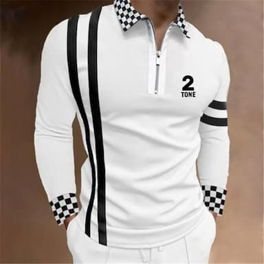 Men's Plaid Zip Polo Shirts Golf Shirt Long Sleeve Polo Shirts Collared Shirts Casual Vacation Wear Formal Wear Festival Wear 3D Print Quarter Zip Polo Black White Yellow