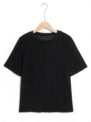 Women's White Elegant Lace Tops Eyelet Blouse Fashion Basic Plain Regular Tops Short Sleeve Round Neck Regular Fit Daily Romantic Petite Tops Summer Holiday Wear Black White