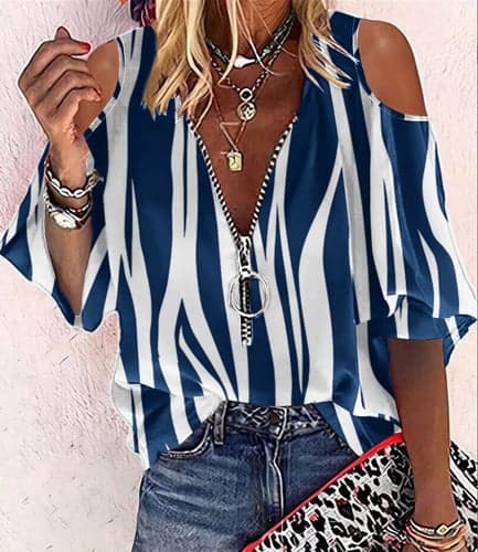 Women's Shirt Blouse Dressy Tops Basic Print Quarter Zip Half Sleeve Regular Tops V Neck Half Zip Casual Black White Royal Blue Blue Orange