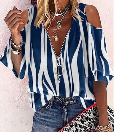 Women's Shirt Blouse Dressy Tops Basic Print Quarter Zip Half Sleeve Regular Tops V Neck Half Zip Casual Black White Royal Blue Blue Orange