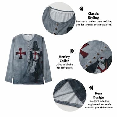 Men's Graphic Templar Cross Soldier T shirt Henley Shirt Tee Long Sleeve 3D Print Designer Basic Classic Outdoor Daily Sports Spring &  Fall Red Purple Brown Green Light Grey Henley Henley T-Shirt