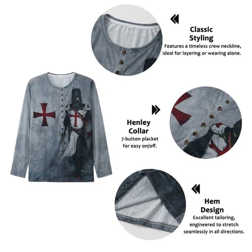 Men's Graphic Templar Cross Soldier T shirt Henley Shirt Tee Long Sleeve 3D Print Designer Basic Classic Outdoor Daily Sports Spring &  Fall Red Purple Brown Green Light Grey Henley Henley T-Shirt
