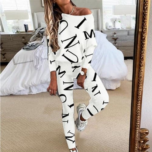 Women's Loungewear Sweatsuit Sets 2 Pieces Letter Sport Comfort Home Street Vacation Off Shoulder Long Sleeve Pullover Pant Spring Fall