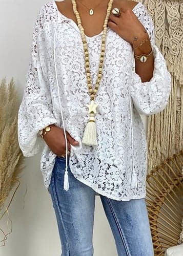 Women's White Elegant Lace Tops Eyelet Blouse Streetwear Basic Solid Color Contrast Lace Tie Front Hollow Out Bishop Sleeve Long Sleeve V Neck Daily Romantic Petite Tops Summer Holiday Wear Spring