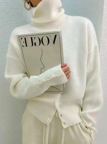 Women's Pullover Sweater Jumper Stylish Casual Solid Color Crochet Turtleneck Buttons Knitted Long Sleeve Cropped Knit Daily Holiday White Fall Winter