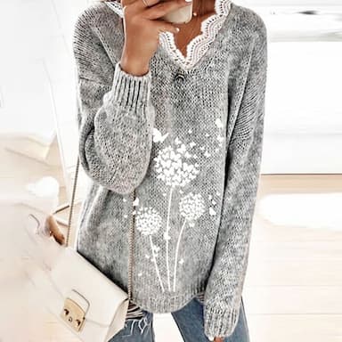 Women's Pullover Sweater Jumper Stylish Casual Soft Butterfly Crochet V Neck Knitted Lace Trims Long Sleeve Knit Outdoor Daily Going out Yellow Gray Fall Winter