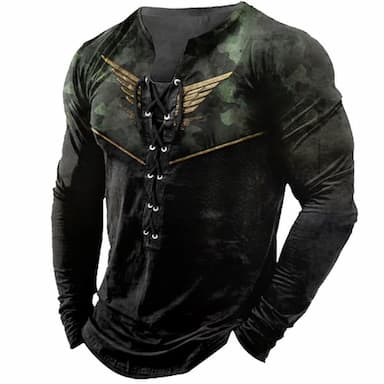 Men's Graphic Geometric T shirt Tee Long Sleeve Shirt Collar Outdoor Street 3D Print Black Red Blue Dark Green Purple Lace up Print Clothing Apparel Designer Basic Classic Casual