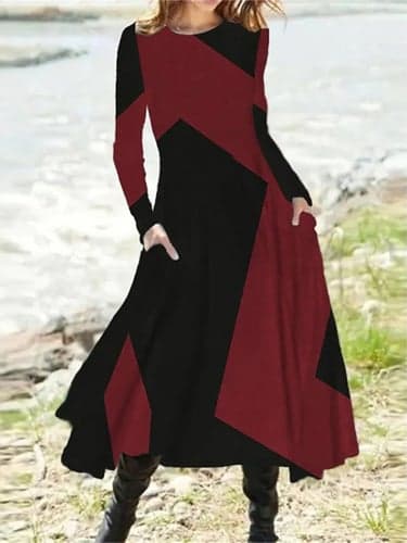 Women's Work Dress Casual Dress Swing Dress Fashion Winter Dress Daily Midi Dress Pocket Print Crew Neck Long Sleeve Color Block Regular Fit Black Red Brown Fall Winter S M L XL XXL