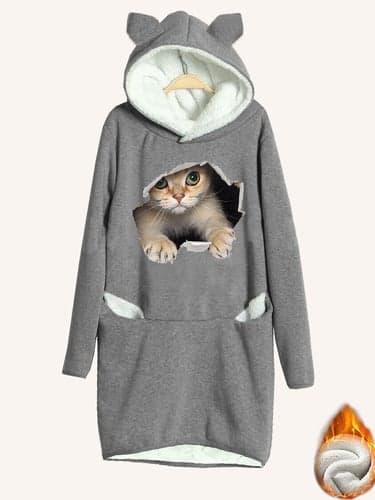 Women's Hoodie Dress Casual Dress Mini Dress Sherpa Fleece Lined Warm Outdoor Going out Weekend Hoodie Print Pocket Cat Loose Fit Gray S M L XL XXL