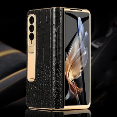 Phone Case For Samsung Galaxy Z Fold 5 Z Fold 4 Z Fold 3 Back Cover Camera Lens Protector Kickstand Shockproof Retro Genuine Leather