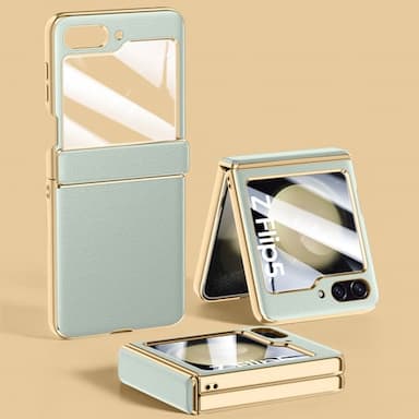 Phone Case for Samsung Galaxy Z Flip 6 Z Flip 5 Case Plain Leather With Tempered Glass Hinge All-inclusive Folding Shockproof Hard Cover Accessories