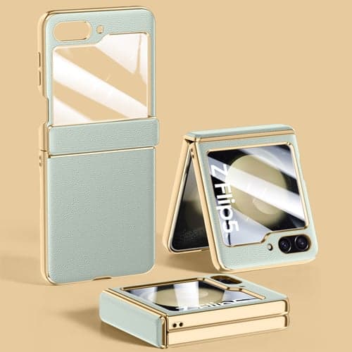 Phone Case for Samsung Galaxy Z Flip 6 Z Flip 5 Case Plain Leather With Tempered Glass Hinge All-inclusive Folding Shockproof Hard Cover Accessories