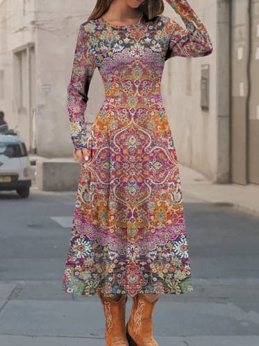 Women's Casual Dress Winter Dress Floral Geometric Pocket Print Crew Neck Midi Dress Vintage Ethnic Daily Vacation Long Sleeve Fall Winter