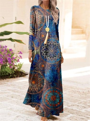 Women's Casual Dress Winter Dress Floral Print Crew Neck Long Dress Maxi Dress Vintage Daily Date Long Sleeve Fall Winter