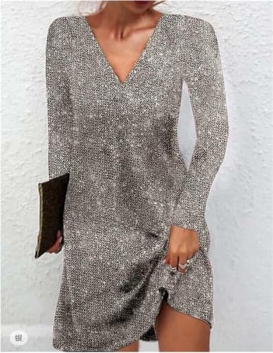 Women's Party Dress Cocktail Dress Wedding Guest Dress Sparkle V Neck Long Sleeve Mini Dress Wedding Guest Cocktail Party Elegant Silver Spring Fall
