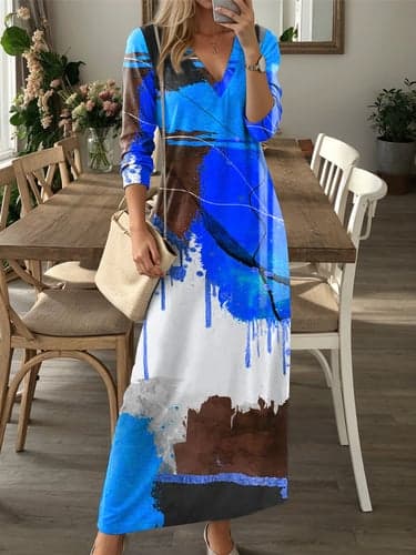 Women's Casual Dress Winter Dress T Shirt Dress Tee Dress Graffiti Pocket Print V Neck Long Dress Maxi Dress Date Vacation Long Sleeve Fall Winter