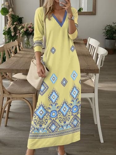 Women's Casual Dress T Shirt Dress Tee Dress Floral Tribal Pocket Print V Neck Long Dress Maxi Dress Vintage Ethnic Date Vacation Long Sleeve Fall Winter