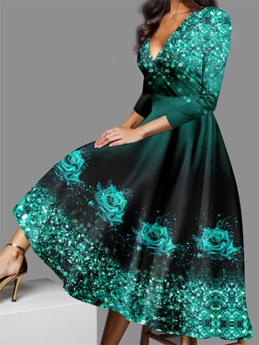 Women's Casual Dress Winter Dress Floral Print V Neck Midi Dress Date Vacation 3/4 Length Sleeve Fall Winter