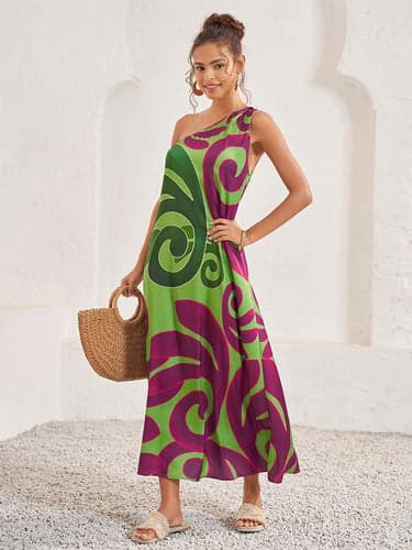 Women's A Line Dress Tiered Dress Boho Abstract Maxi Dress Sleeveless One Shoulder Print Loose Fit Vacation Green Summer