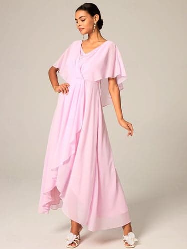 Women's Wedding Guest Cocktail Dress Chiffon Lace Split Elegant Formal A Line Maxi Dress V Neck Short Sleeve Pink Color