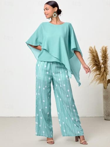 Women's Elegant Vintage Pants Sets Wide Leg Pants Half Sleeve Crew Neck Solid Color Plain Layered Work Daily Jade Summer Loose Fit