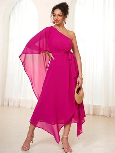 Women's Wedding Guest Cocktail Dress Chiffon Belted Asymmetrical Hem Elegant Formal Maxi A Line Dress Off Shoulder Fuchsia Color