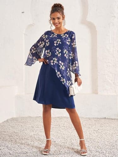 Women's Wedding Guest Dress A Line Dress Elegant Floral Midi Dress Chiffon Flared Sleeve Crew Neck Patchwork Regular Fit Wedding Guest Cocktail Party Blue Summer
