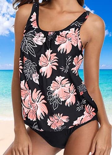 Women's Swimwear Tankini 2 Piece Cheeky Swimsuit Ruched Vacation Beach Wear Floral Graphic U Neck Sleeveless Bathing Suits