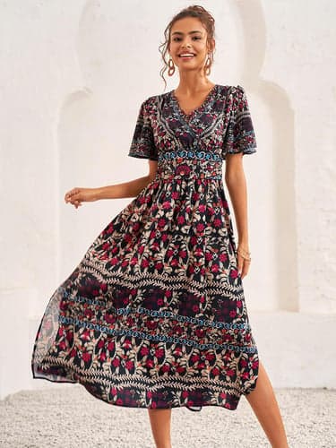 Women's Floral Lace V Neck Flutter Sleeve Midi Dress Short Sleeve Summer Spring