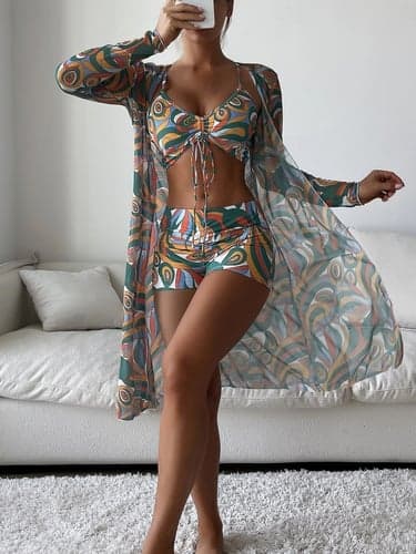 Women's Swimwear Bikini Three Piece Boy Leg Swimsuit Backless Slim Vacation Beach Wear Color Block Halter Neck Sleeveless Long Sleeve Bathing Suits