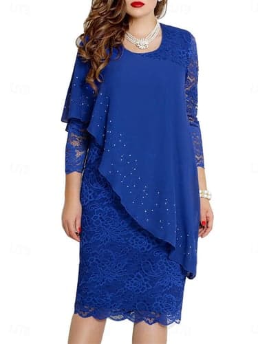 Women's Lace Dress Midi Dress Lace Patchwork Party Casual Crew Neck 3/4 Length Sleeve Navy Blue Blue Green Color