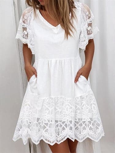 Women's Summer Dress V-Neck Short Sleeve Lace Detail High Waist Flare Skirt Casual Elegant Party White Cotton Comfortable Fit Multiple Sizes