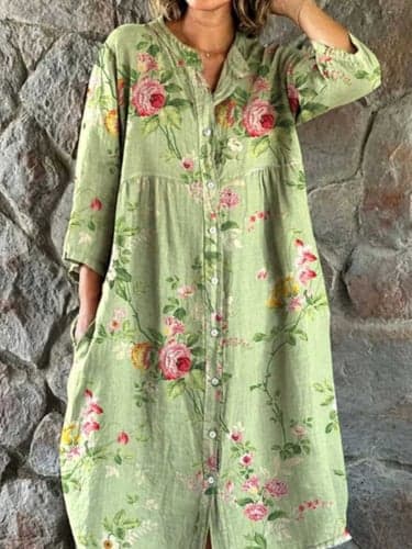 Women's Casual Dress Stylish Casual Floral Midi Dress 3/4 Length Sleeve Crew Neck Buttons Print Regular Fit Vacation Daily Black Red Green Spring Fall