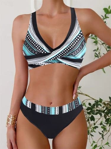 Women's Swimwear Bikini 2 Piece Cheeky Swimsuit Backless Slim Vacation Beach Wear Color Block V Neck Sleeveless Bathing Suits