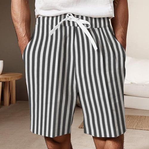 Men's Shorts Linen Shorts Summer Shorts Front Pocket Pleats Straight Leg Stripe Comfort Breathable Knee Length Party Outdoor Casual Fashion Basic Black