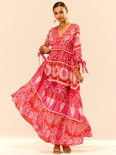 Women's Graphic Tiered Bow V Neck Puff Sleeve Maxi Dress Elegant Stylish Vacation 3/4 Length Sleeve Summer