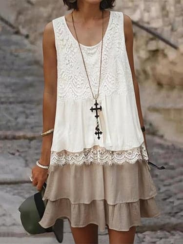 Women's White Bohemian Dress Lace Dress Detailed Layered Dress Sleeveless Scoop Neck White Tan Casual Summer Beach Party Relaxed Fit Clothing Apparel