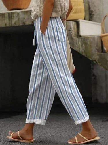 Women's Pants Trousers Casual Daily Long Striped Drawstring Side Pockets Breathability Comfortable Inelastic Weekend White Blue Dark Blue Light Blue Spring & Summer Regular Fit