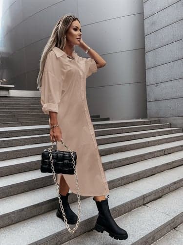 Women's Shirt Dress Midi Dress Buttons Split Thigh Casual V Neck Long Sleeve Black White Blue Color