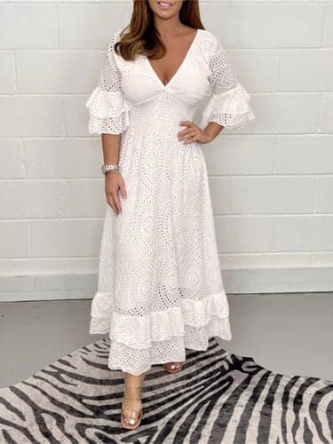 Women's Long Dress Maxi Dress Casual Dress Summer Dress Plain Fashion Casual Vacation Daily Holiday Ruffle Hollow Out 3/4 Length Sleeve V Neck Dress Regular Fit White Navy Blue Summer Spring S M L XL