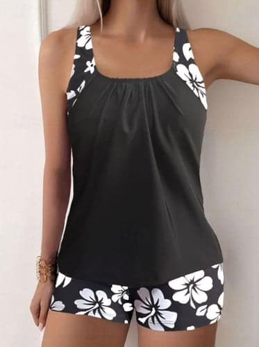 Women's Swimwear Tankini 2 Piece Boy Leg Swimsuit Backless High Waist Vacation Beach Wear Floral U Neck Sleeveless Bathing Suits