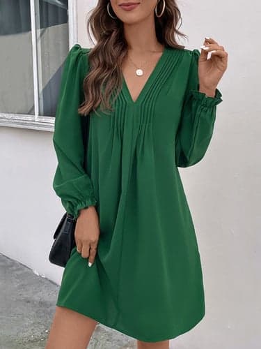 Women's Casual Dress Mini Dress Ruched Casual V Neck Long Sleeve Green Color