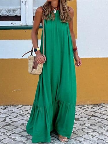 Women's Casual Dress Long Dress Maxi Dress Ruched Vacation Beach Streetwear Maxi Halter Neck Sleeveless Black Red Green Color