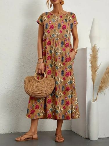 Women's Floral Color Block Crew Neck Maxi Dress Short Sleeve Summer Spring