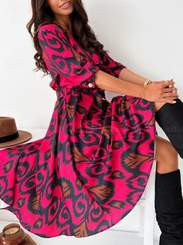 Women's Floral V Neck Midi Dress Long Sleeve Spring Fall