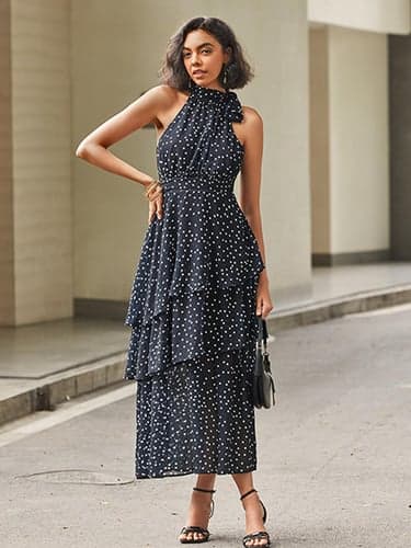 Women's Black Dot-print Maxi Dress Chiffon A Line Dress Tiered Halter Neck Elegant Beach Wedding Guest Sleeveless Summer