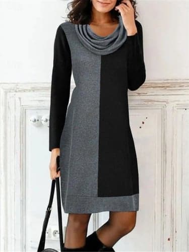 Women's Casual Dress Midi Dress Patchwork Casual Cowl Neck Long Sleeve Blue Gray Color