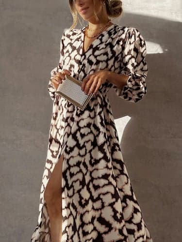 Women's Graphic Print V Neck Maxi Dress Long Sleeve Spring Fall